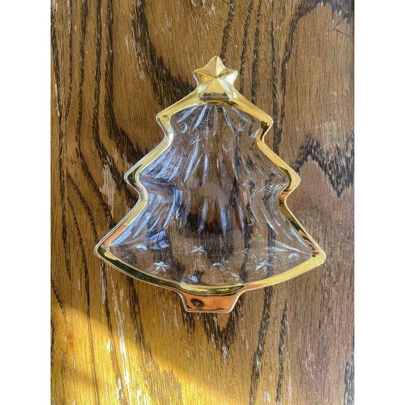Vintage Glass Christmas Tree Candy Dish With Gold Rim - Picture 1 of 4